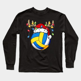 Volleyball With Santa Hat Reindeer Antlers Christmas Lights Long Sleeve T-Shirt